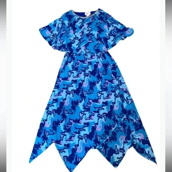 Ey Signature Dress Vintage Blue Print Cape Style Layered V Cut Hem Size Medium - Picture 1 of 12